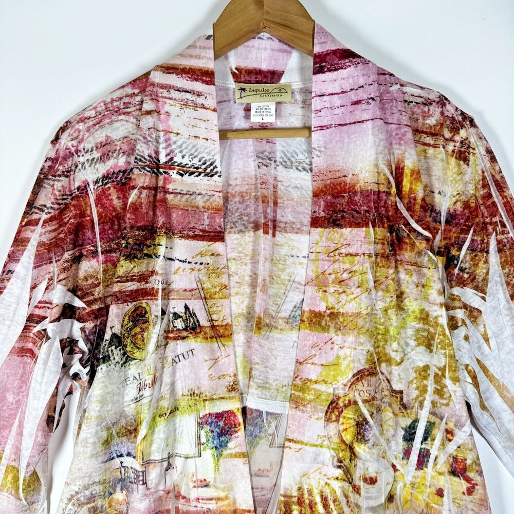 Impulse California Cardigan Large Multicolor Sheer Open Front Art Print USA - Picture 2 of 12